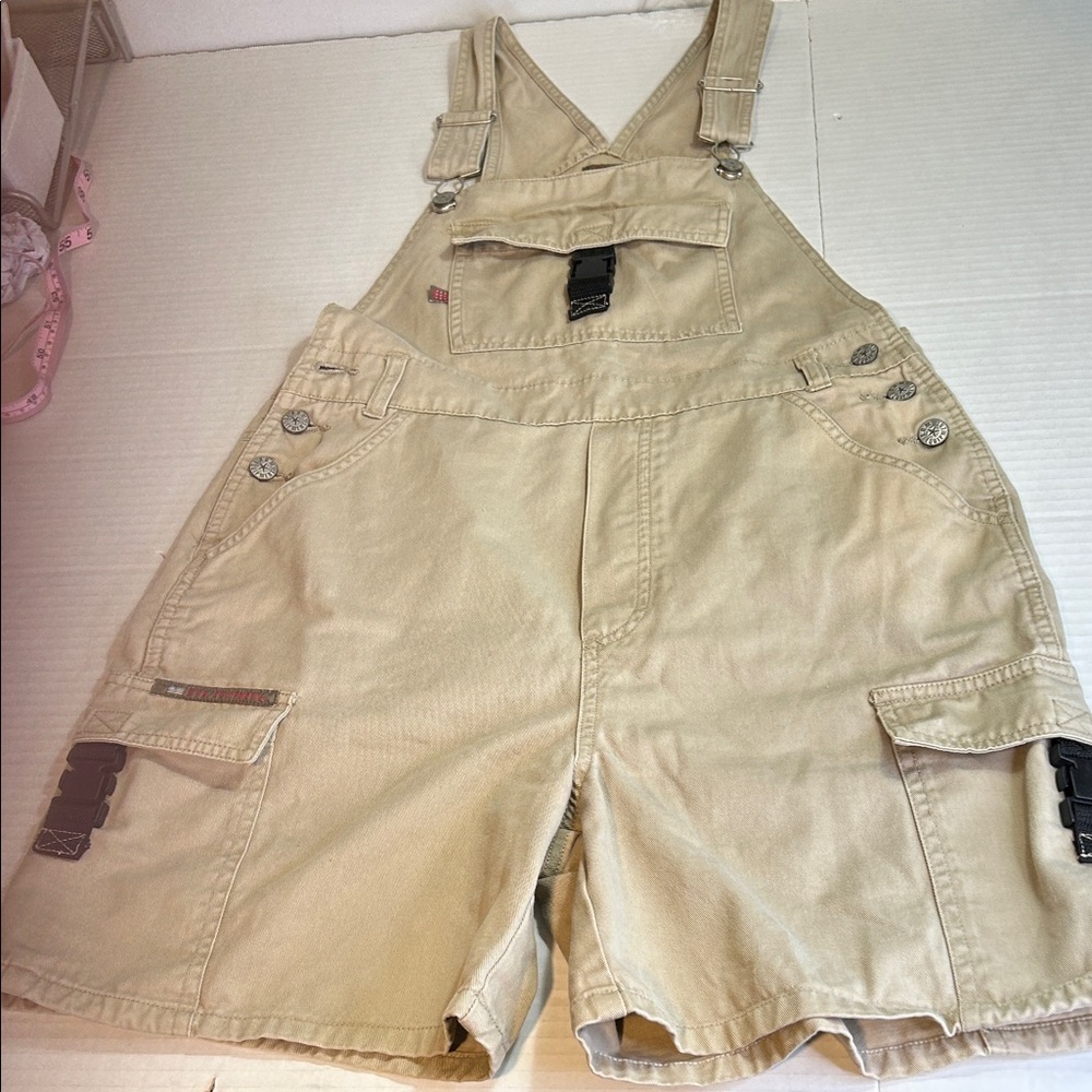 BUM EQUIPMENT VINTAGE KHAKI OVERALL SHORTS WITH BUCKLE DETAILS COTTON SMALL